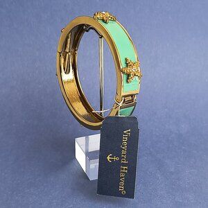 Starfish  Teal Blue Enamel Hinge Cuff  Bangle Clamper Bracelet Gold Tone